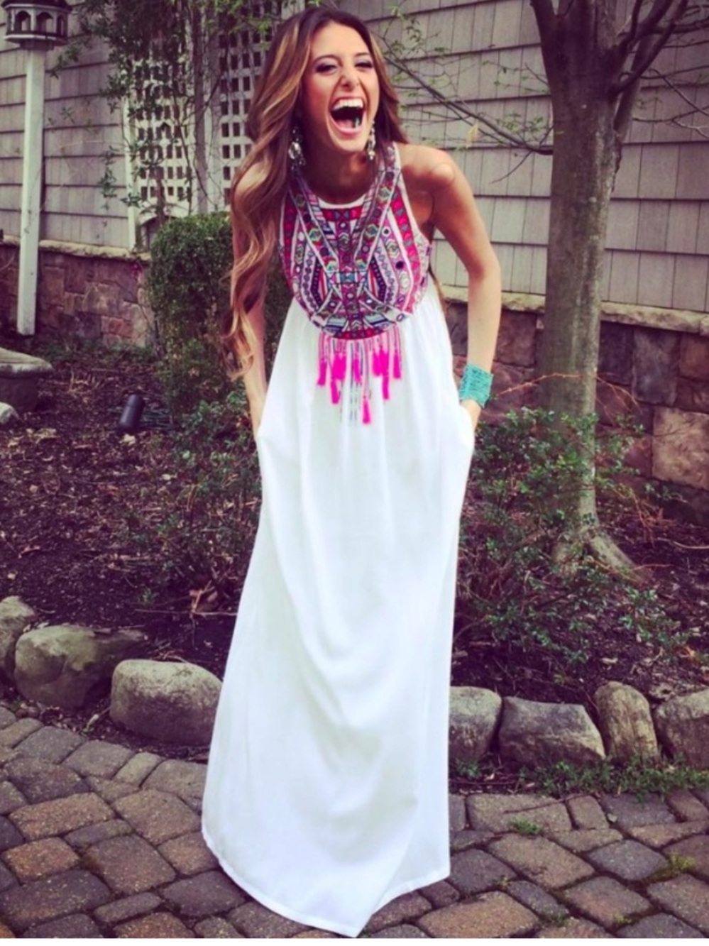 Mara Hoffman Mirror Tribal Embroidered Maxi Dress M White Tassel Boho